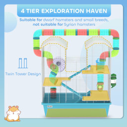 PawHut 4 Tier Hamster Cage w/ Tubes, Exercise Wheel, Hut, Water Bottle, Food Dish, Ramps, for Drawf, 58 x 36 x 65cm, Light Blue - thumbnail 4