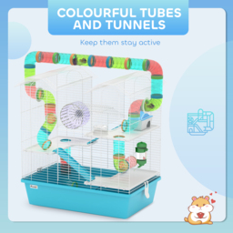 PawHut 4 Tier Hamster Cage w/ Tubes, Exercise Wheel, Hut, Water Bottle, Food Dish, Ramps, for Drawf, 58 x 36 x 65cm, Light Blue - thumbnail 5
