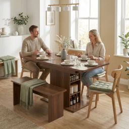 HOMCOM Extendable Dining Table for 4-6 People, 110-130cm Kitchen Table with 6 Open Shelves, Walnut Brown - thumbnail 2