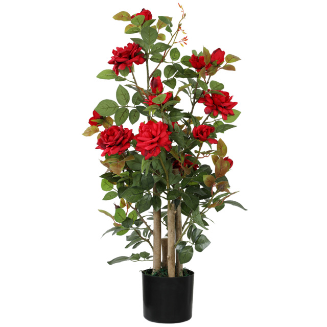 HOMCOM 90cm Artificial Rose Tree, Decorative Fake Plant with 344 Silk Leaves 17 Flowers for Outdoor Indoor Decor, Red - image 1