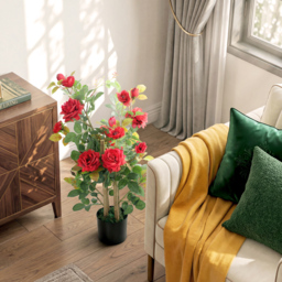 HOMCOM 90cm Artificial Rose Tree, Decorative Fake Plant with 344 Silk Leaves 17 Flowers for Outdoor Indoor Decor, Red - thumbnail 7