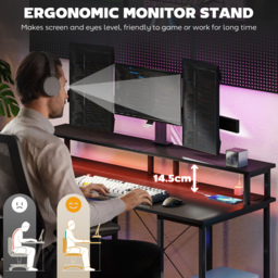 HOMCOM LED Computer Desk, with Power Outlets and Shelves - Carbon Fibre Grey - thumbnail 6