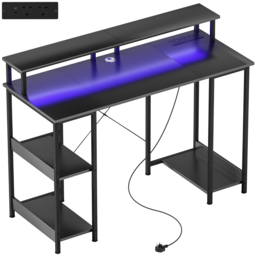 HOMCOM LED Computer Desk, with Power Outlets and Shelves - Carbon Fibre Grey - thumbnail 1