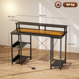 HOMCOM LED Computer Desk, with Power Outlets and Shelves - Carbon Fibre Grey - thumbnail 3