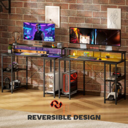 HOMCOM LED Computer Desk, with Power Outlets and Shelves - Carbon Fibre Grey - thumbnail 7