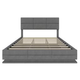 Modern Velvet Upholstered Bed with 3-Stage Adjustable Headboard, Double Bed with LED Lighting and USB, 155L x 202W x 115H cm, Dark Gray - Aosom UK - thumbnail 2