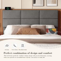 Modern Velvet Upholstered Bed with 3-Stage Adjustable Headboard, Double Bed with LED Lighting and USB, 155L x 202W x 115H cm, Dark Gray - Aosom UK - thumbnail 8