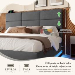 Modern Velvet Upholstered Bed with 3-Stage Adjustable Headboard, Double Bed with LED Lighting and USB, 155L x 202W x 115H cm, Dark Gray - Aosom UK - thumbnail 7