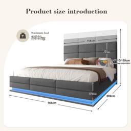 Modern Velvet Upholstered Bed with 3-Stage Adjustable Headboard, Double Bed with LED Lighting and USB, 155L x 202W x 115H cm, Dark Gray - Aosom UK - thumbnail 3