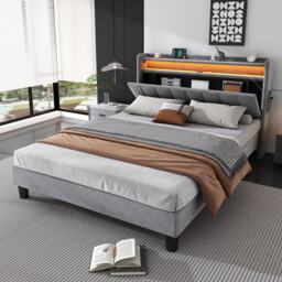 Double Velvet Upholstered Ottoman Bed with LED Light, 4 USB Ports, Lower Flap Door Storage and Soft Backrest, 204L x 140W x 107H cm, Gray - Aosom.UK