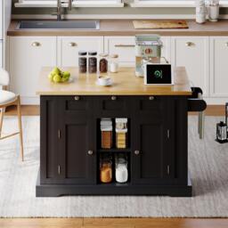 Versatile Kitchen Island with 3 Drawers and 2‑Door Cupboards, Practical Trolley with Extendable Worktop, 132L x 70W x 87H cm, Natural+Black - Aosom UK