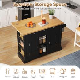 Versatile Kitchen Island with 3 Drawers and 2‑Door Cupboards, Practical Trolley with Extendable Worktop, 132L x 70W x 87H cm, Natural+Black - Aosom UK - thumbnail 5
