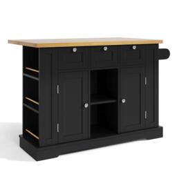 Versatile Kitchen Island with 3 Drawers and 2‑Door Cupboards, Practical Trolley with Extendable Worktop, 132L x 70W x 87H cm, Natural+Black - Aosom UK - thumbnail 2