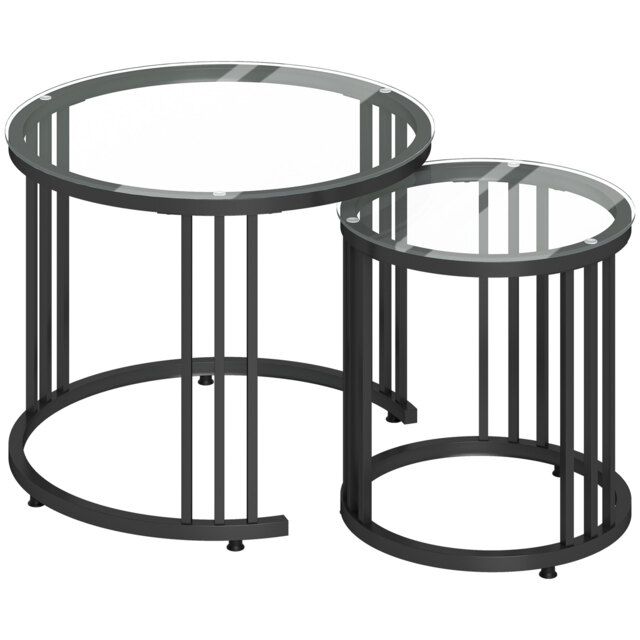 HOMCOM Round Coffee Tables Set of 2, Nesting Tables with Tempered Glass Top and Steel Frame, Black - image 1