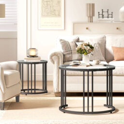 HOMCOM Round Coffee Tables Set of 2, Nesting Tables with Tempered Glass Top and Steel Frame, Black - thumbnail 7