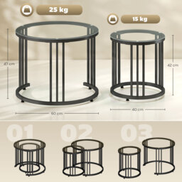 HOMCOM Round Coffee Tables Set of 2, Nesting Tables with Tempered Glass Top and Steel Frame, Black - thumbnail 3