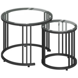 HOMCOM Round Coffee Tables Set of 2, Nesting Tables with Tempered Glass Top and Steel Frame, Black - thumbnail 1