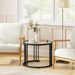 HOMCOM Round Coffee Tables Set of 2, Nesting Tables with Tempered Glass Top and Steel Frame, Black - thumbnail 9