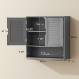 HOMCOM Bathroom Cabinet, Wall Mounted Storage Cabinet with Adjustable Shelves, 60 x 20 x 60 cm, Grey - thumbnail 3