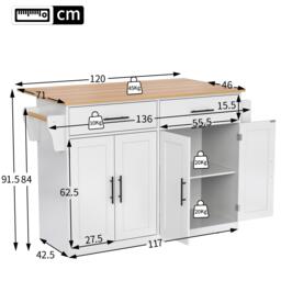 Contemporary Kitchen Storage Trolley with Foldable Dropleaf, Spacious Buffet with Towel Holders, 120L x 71W x 91.5H cm, White+Natural - Aosom UK - thumbnail 3