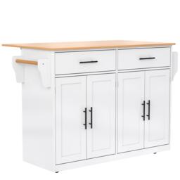 Contemporary Kitchen Storage Trolley with Foldable Dropleaf, Spacious Buffet with Towel Holders, 120L x 71W x 91.5H cm, White+Natural - Aosom UK - thumbnail 2