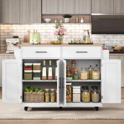 Contemporary Kitchen Storage Trolley with Foldable Dropleaf, Spacious Buffet with Towel Holders, 120L x 71W x 91.5H cm, White+Natural - Aosom UK