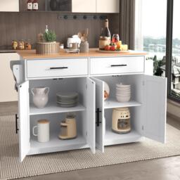 Contemporary Kitchen Storage Trolley with Foldable Dropleaf, Spacious Buffet with Towel Holders, 120L x 71W x 91.5H cm, White+Natural - Aosom UK - thumbnail 9