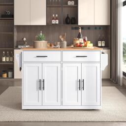 Contemporary Kitchen Storage Trolley with Foldable Dropleaf, Spacious Buffet with Towel Holders, 120L x 71W x 91.5H cm, White+Natural - Aosom UK - thumbnail 8