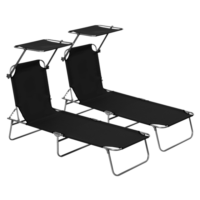 Outsunny 2 Pcs Outdoor Foldable Sun Lounger Set w/ Removeable Shade Canopy, Patio Recliner Sun Lounger w/ Adjustable Backrest w/ Mesh Fabric, Black - image 1