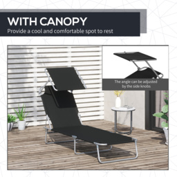 Outsunny 2 Pcs Outdoor Foldable Sun Lounger Set w/ Removeable Shade Canopy, Patio Recliner Sun Lounger w/ Adjustable Backrest w/ Mesh Fabric, Black - thumbnail 6