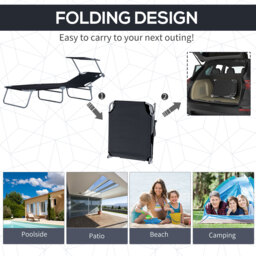 Outsunny 2 Pcs Outdoor Foldable Sun Lounger Set w/ Removeable Shade Canopy, Patio Recliner Sun Lounger w/ Adjustable Backrest w/ Mesh Fabric, Black - thumbnail 5