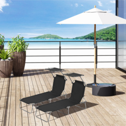 Outsunny 2 Pcs Outdoor Foldable Sun Lounger Set w/ Removeable Shade Canopy, Patio Recliner Sun Lounger w/ Adjustable Backrest w/ Mesh Fabric, Black - thumbnail 2