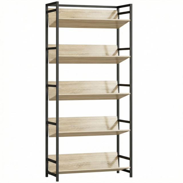 HOMCOM Bookshelf 5-Tier Metal Frame Room Divider Bookcase Storage Shelves for Living Room Oak - image 1