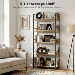 HOMCOM Bookshelf 5-Tier Metal Frame Room Divider Bookcase Storage Shelves for Living Room Oak - thumbnail 5