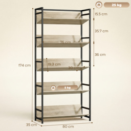 HOMCOM Bookshelf 5-Tier Metal Frame Room Divider Bookcase Storage Shelves for Living Room Oak - thumbnail 3