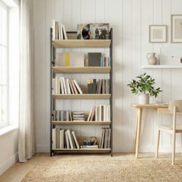 HOMCOM Bookshelf 5-Tier Metal Frame Room Divider Bookcase Storage Shelves for Living Room Oak - thumbnail 9