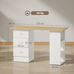 HOMCOM Computer Desk, Writing Table, PC Workstation with 3 Storage Shelves and Drawers, Silver Handle, for Home Office, Natural Wood Finish and White - thumbnail 3