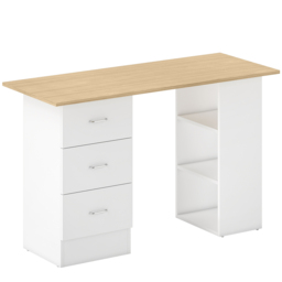 HOMCOM Computer Desk, Writing Table, PC Workstation with 3 Storage Shelves and Drawers, Silver Handle, for Home Office, Natural Wood Finish and White - thumbnail 1