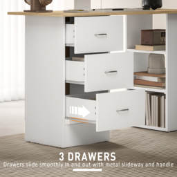 HOMCOM Computer Desk, Writing Table, PC Workstation with 3 Storage Shelves and Drawers, Silver Handle, for Home Office, Natural Wood Finish and White - thumbnail 5