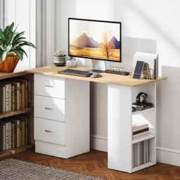 HOMCOM Computer Desk, Writing Table, PC Workstation with 3 Storage Shelves and Drawers, Silver Handle, for Home Office, Natural Wood Finish and White - thumbnail 2