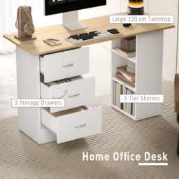 HOMCOM Computer Desk, Writing Table, PC Workstation with 3 Storage Shelves and Drawers, Silver Handle, for Home Office, Natural Wood Finish and White - thumbnail 4