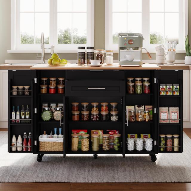 Versatile Kitchen Trolley with Fold-Out Worktop, Spacious Storage Island with Double-Door Cabinets, 136L x 70W x 92H cm, Black+Natural - Aosom UK - image 1