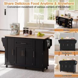 Versatile Kitchen Trolley with Fold-Out Worktop, Spacious Storage Island with Double-Door Cabinets, 136L x 70W x 92H cm, Black+Natural - Aosom UK - thumbnail 5