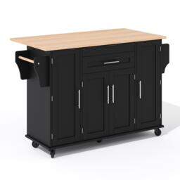 Versatile Kitchen Trolley with Fold-Out Worktop, Spacious Storage Island with Double-Door Cabinets, 136L x 70W x 92H cm, Black+Natural - Aosom UK - thumbnail 2