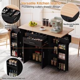 Versatile Kitchen Trolley with Fold-Out Worktop, Spacious Storage Island with Double-Door Cabinets, 136L x 70W x 92H cm, Black+Natural - Aosom UK - thumbnail 4