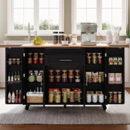 Versatile Kitchen Trolley with Fold-Out Worktop, Spacious Storage Island with Double-Door Cabinets, 136L x 70W x 92H cm, Black+Natural - Aosom UK - thumbnail 1