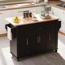 Versatile Kitchen Trolley with Fold-Out Worktop, Spacious Storage Island with Double-Door Cabinets, 136L x 70W x 92H cm, Black+Natural - Aosom UK - thumbnail 9