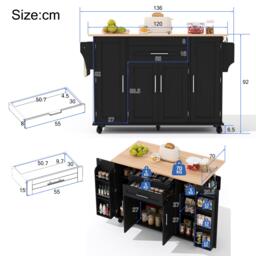 Versatile Kitchen Trolley with Fold-Out Worktop, Spacious Storage Island with Double-Door Cabinets, 136L x 70W x 92H cm, Black+Natural - Aosom UK - thumbnail 3