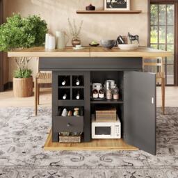Extendable Dining Table with Modern Design for 4-6 People, Kitchen Table with Wine Rack and Drawers, 110L x 80W x 75H cm, Black+Natural - Aosom UK - thumbnail 7