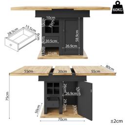 Extendable Dining Table with Modern Design for 4-6 People, Kitchen Table with Wine Rack and Drawers, 110L x 80W x 75H cm, Black+Natural - Aosom UK - thumbnail 3